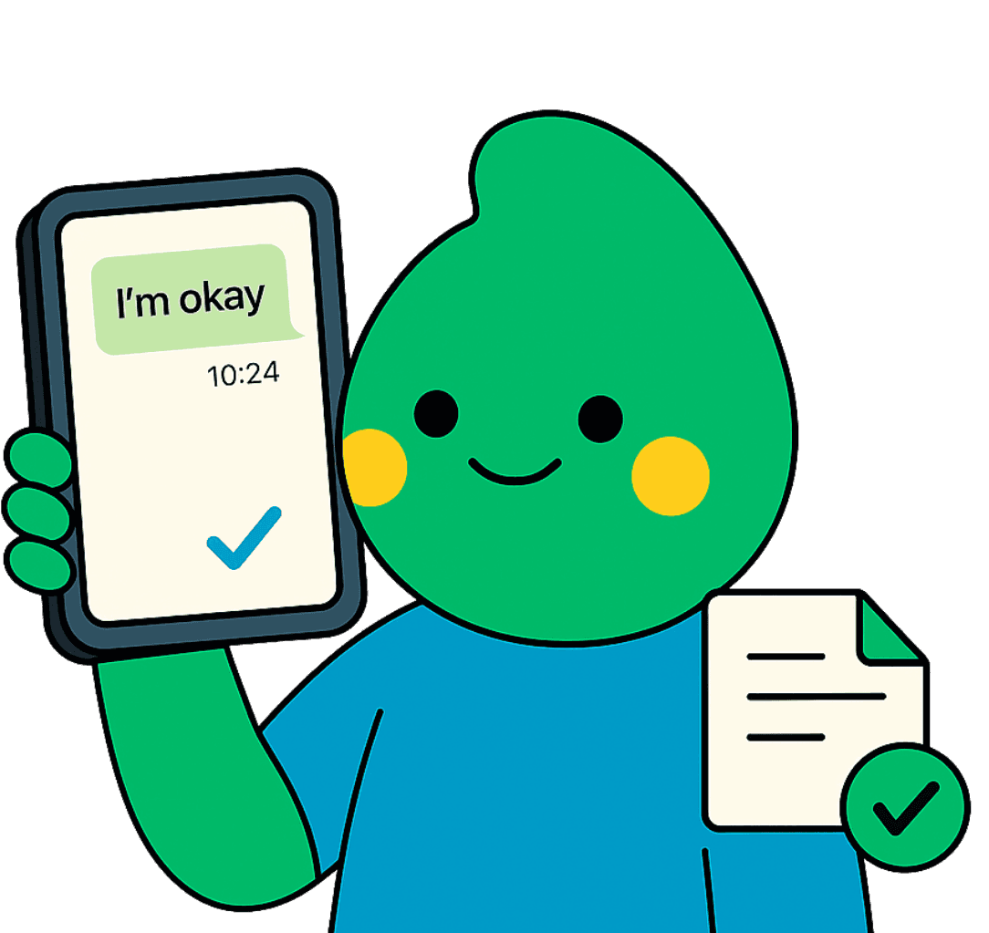 Seen = logged - Green character at laptop showing welfare check-ins dashboard with status indicators